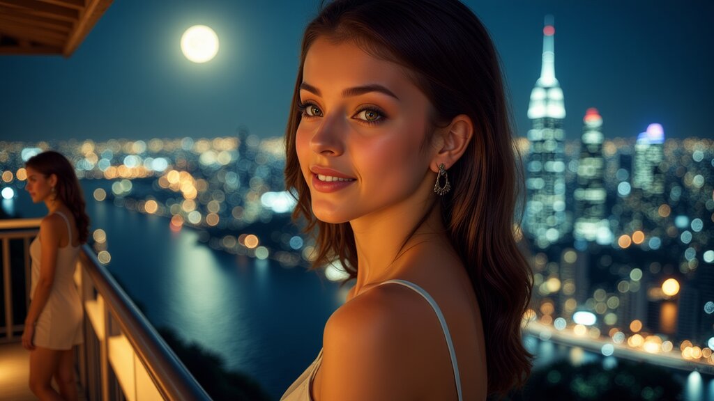 The image is a photograph of a woman standing on a balcony at night, looking out over a city skyline with bright lights and a full moon. She has dark hair, is wearing earrings, and is dressed in a sleeveless top. Her expression is neutral, and she appears to be looking into the distance rather than directly at the camera. The setting suggests an urban environment with a view of a cityscape during nighttime.