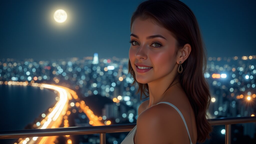 The image shows a young woman posing for a photo at night with a cityscape in the background. She is wearing a sleeveless top and has her hair styled up. Her facial expression is neutral, and she is looking directly at the camera. In front of her are bright lights that suggest an urban setting, possibly a high-rise building or a balcony overlooking the city. The sky behind her is dark, indicating it's nighttime, and there appears to be a full