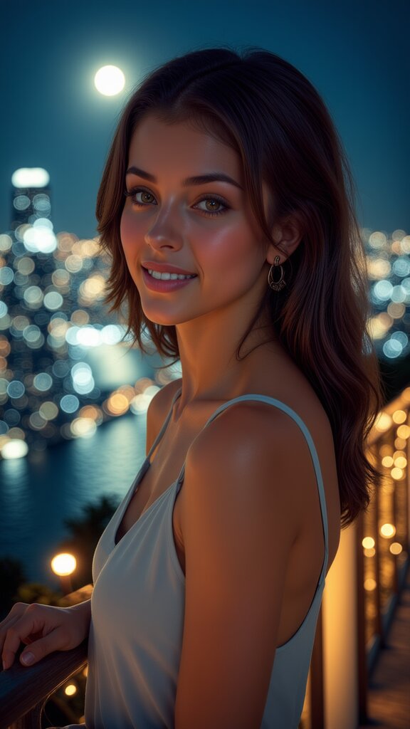 The image is a portrait of a woman posing for the camera. She has medium-length hair, parted over her shoulder and parted on top of her head. Her eyes are looking directly at the camera with a slight smile on her face. She appears to be wearing a sleeveless top or dress that is not fully visible in the frame. The woman is standing outdoors during what seems to be evening or nighttime, as indicated by the darkness and illuminated lights in the