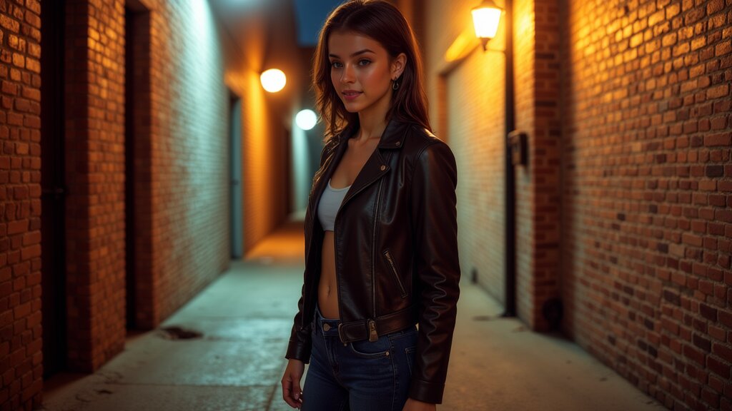 The image is a photograph of a woman standing in front of an urban building at night. She has long dark hair and is wearing a black leather jacket, a white tank top, blue jeans, and no visible shoes. Her gaze is directed to the side, and she appears relaxed with her left hand casually placed on her hip and right hand resting on her thigh. The woman's expression is neutral. The background shows an alleyway illuminated by street lights, with a brick wall to