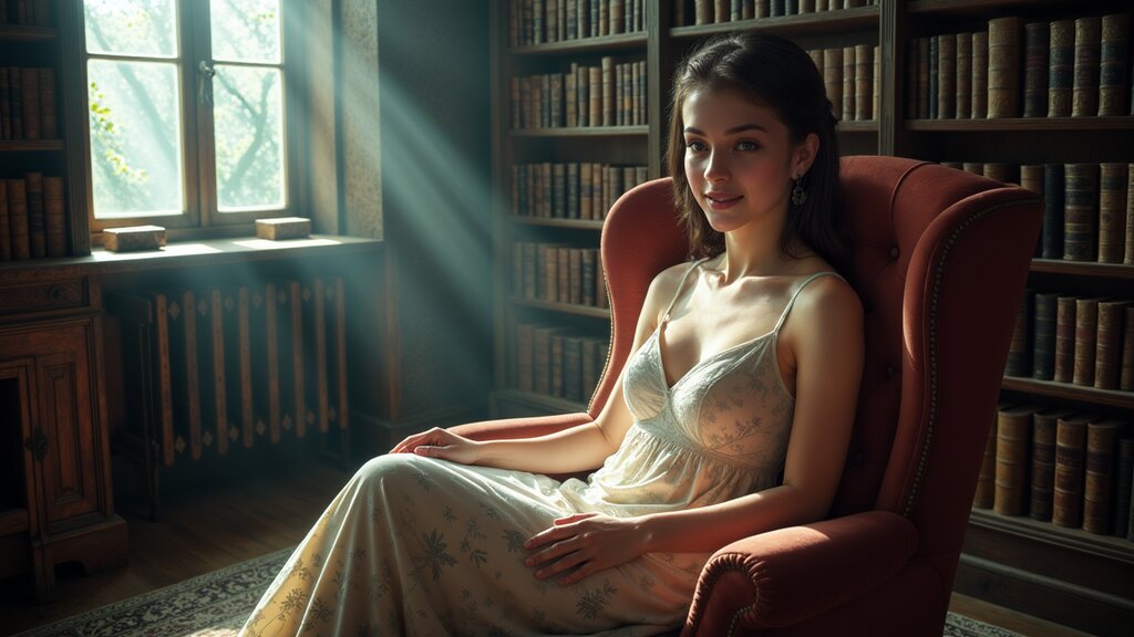 In the image, a woman is seated on an ornate wooden chair in what appears to be a library or study room. She is dressed in a light-colored, long-sleeved dress with lace detailing. The room has a vintage feel with bookshelves filled with books and a large window allowing natural light to enter. The woman is looking directly at the camera with a slight smile on her face.