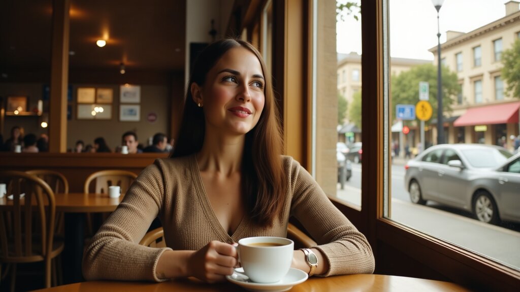 The image is a vertical split-style photograph, showcasing two different scenes side by side. On the left, there's a woman seated at a table in a café or restaurant setting. She is holding a cup of coffee and appears to be looking out of a large window that offers a view of an urban street scene with cars, buildings, and trees. The woman has long hair and is wearing a brown top. On the right side of the image, there's another photograph within