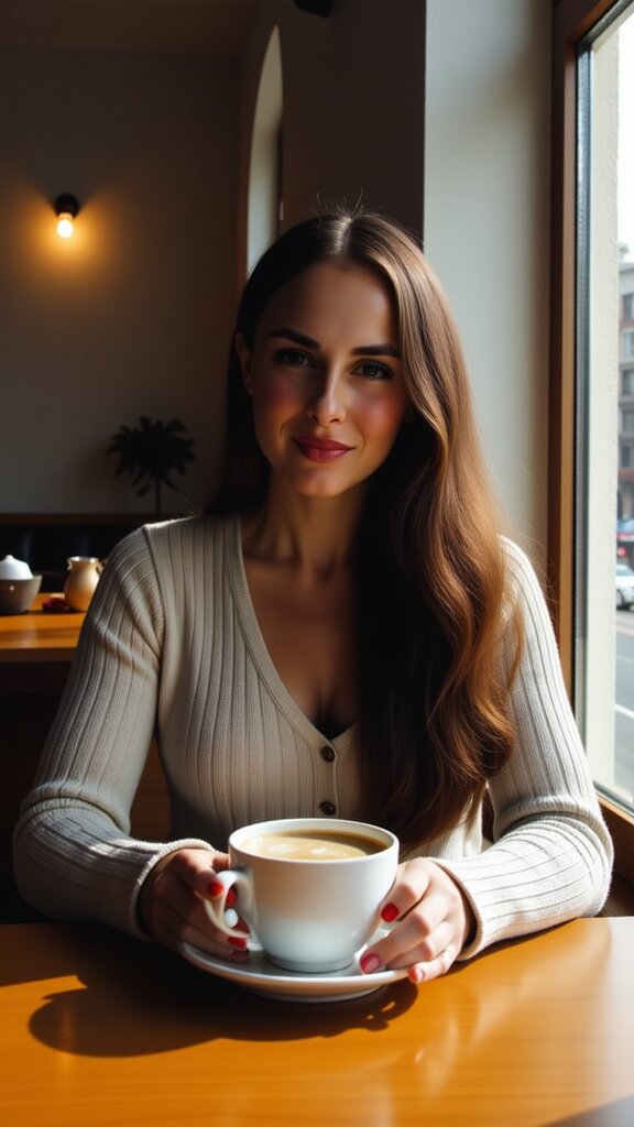 The image is a photograph of a woman seated at a table in what appears to be a coffee shop or cafe. She has long, dark hair and is holding a cup of coffee. Her attire includes a sweater with a V-neck and her nails are painted red. She gazes directly into the camera with a slight smile. The background features the interior of the establishment, with a window showing daylight outside and a warm ambiance inside.