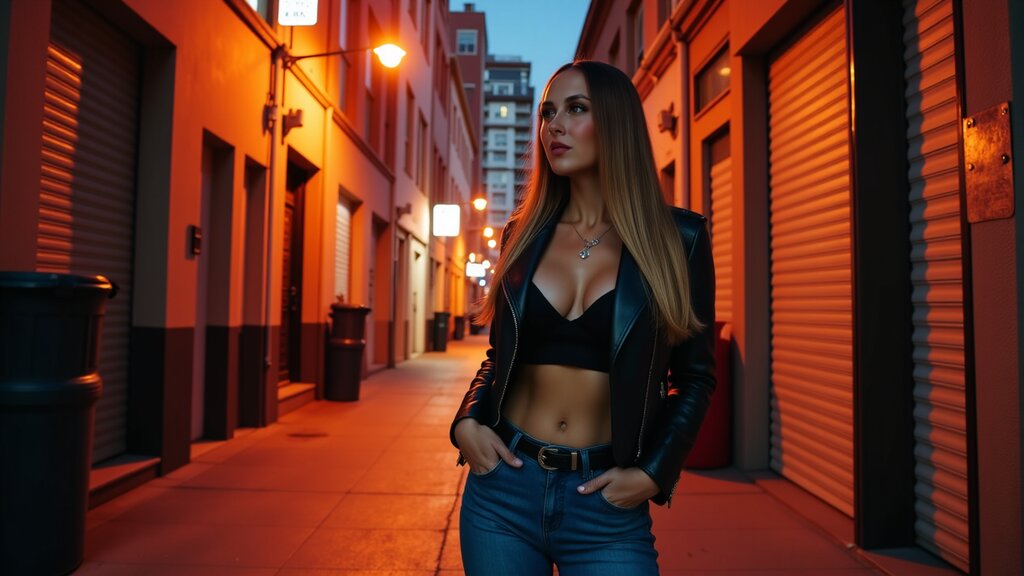 The image shows a person standing on a street at night. The individual is wearing a black leather jacket and has long hair. They are posing with one hand in their pocket and the other resting on their hip. The background is dimly lit, with a red glow that suggests the lighting might be from neon signs or streetlights. There's a building to the left with a sign that says "CITY," indicating this could be an urban setting. The person appears to be looking directly