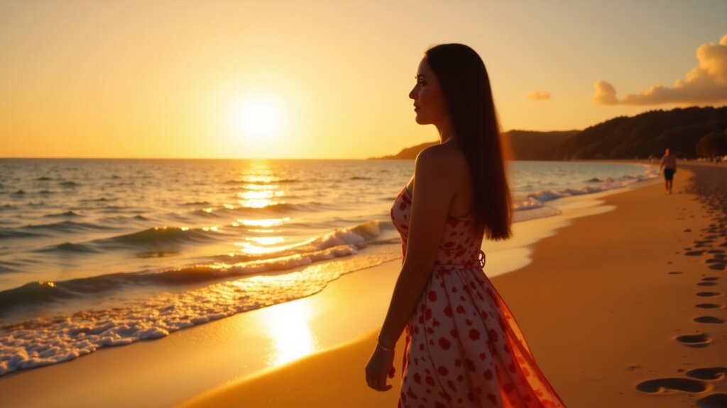 The image shows a person standing on a beach at sunset, with the sun low in the sky and casting a warm glow over the water. The individual is facing away from the camera, looking out towards the ocean. They are wearing a red top and white pants, and their hair is styled long. The beach appears to be sandy with some shells visible near their feet. In the background, there's an azure sky with clouds, and the horizon where the sun is setting.