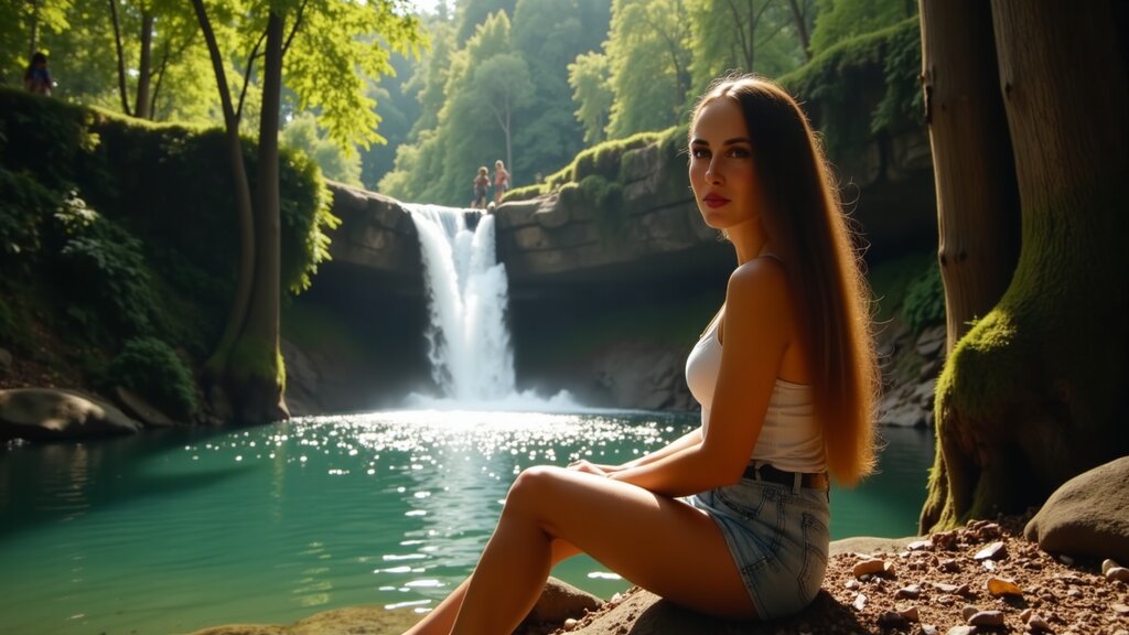 The image is a photograph featuring a person sitting on a rock by the water's edge, with a scenic backdrop of a forested area and a waterfall. The individual appears to be a woman with long hair, wearing a white top, blue shorts, and white sandals. She is looking towards the camera with a relaxed pose. The setting suggests a natural, outdoor environment during what seems to be daylight.