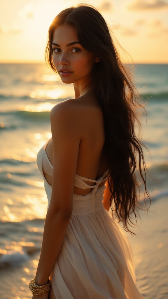 The image is a photograph featuring a woman standing on a beach during sunset. She has long, dark hair and is wearing a sleeveless white dress with a fitted waistline. Her back is turned to the camera, showing her profile as she gazes out towards the ocean. The lighting suggests it's either dawn or dusk, given the warm hues in the sky. In the background, there are waves gently lapping at the shore, and the sun is setting on the horizon