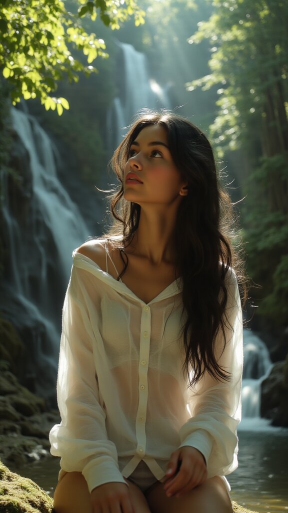 The image is a photograph of a woman standing outdoors in front of a waterfall, with her back to the camera. She appears to be wearing a white blouse and has long dark hair. Her gaze is directed slightly downwards, and she is looking into the distance. The setting sun filters through the foliage, creating a soft light on her skin. In the background, there's a cascading waterfall with mist in the air, and lush greenery surround
