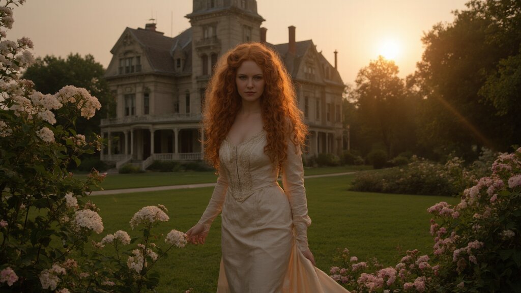 In the image, a young woman with vibrant red hair is the central figure. She stands in front of an old, two-story house, which has a classic design with a chimney. The house is surrounded by lush green trees and bushes. A stone wall can be seen to the right side of the house. The woman is dressed in a white gown with a long train that flows behind her. She holds a bouquet of flowers in her hands, which are adorned with red ribbons. Her pose suggests a moment of tranquility or contemplation. She is standing on a well-maintained lawn covered with green grass, dotted with white flowers. The sky above is a clear blue, indicating it might be late afternoon or early evening given the soft lighting. The atmosphere of the image is one of serene beauty, evoking a sense of timelessness and fairy tale charm. It's as if the scene is straight out of a storybook, with the woman in her gown adding to the enchanting ambiance. The overall composition of the image suggests it could be part of a larger narrative or story, inviting viewers to imagine the context of this moment captured in time.